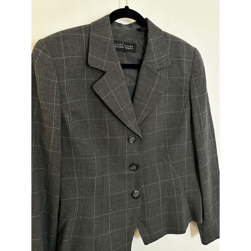 Linda Allard Ellen Tracy Blazer Size 14 Grey Wool Blend Windowpane Plaid Office - Picture 4 of 10